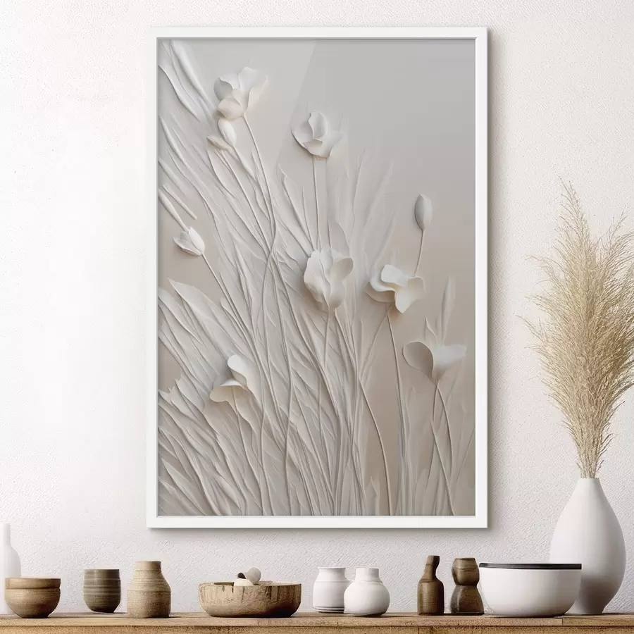carta da parati Fiori bianchi ed erba su uno sfondo color pesca chiaro, arte minimalista nr. f50226