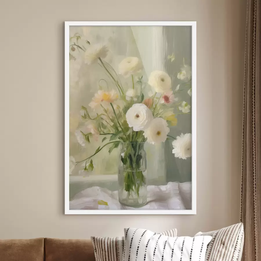 carta da parati Un mazzo di fiori bianchi e rosa in un vaso di vetro, con una finestra sullo sfondo nr. f50228