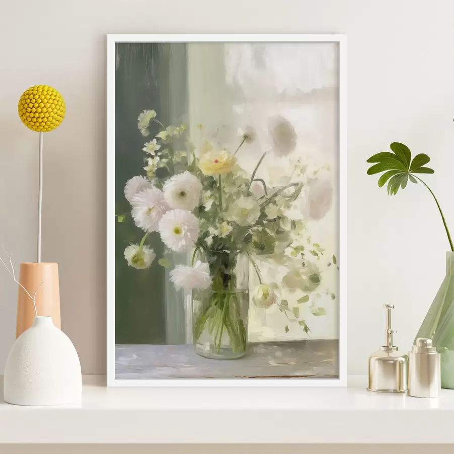 carta da parati Un mazzo di fiori bianchi e rosa in un vaso di vetro, con una finestra sullo sfondo nr. f50229