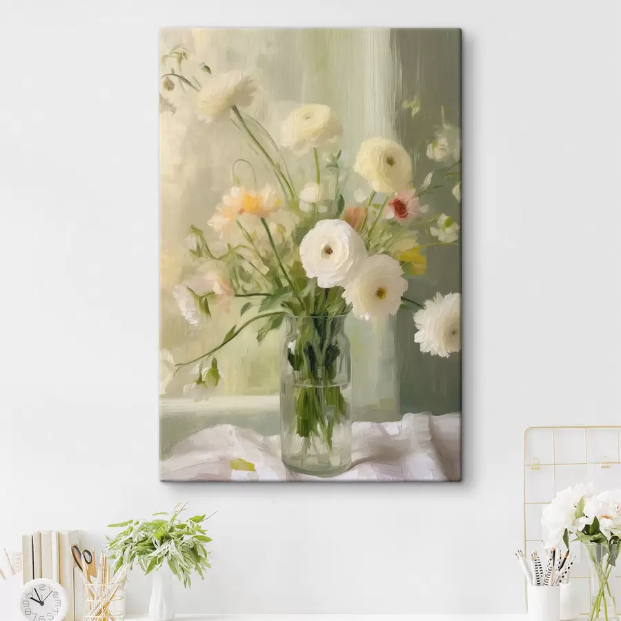carta da parati Un mazzo di fiori bianchi e rosa in un vaso di vetro, con una finestra sullo sfondo nr. s50228