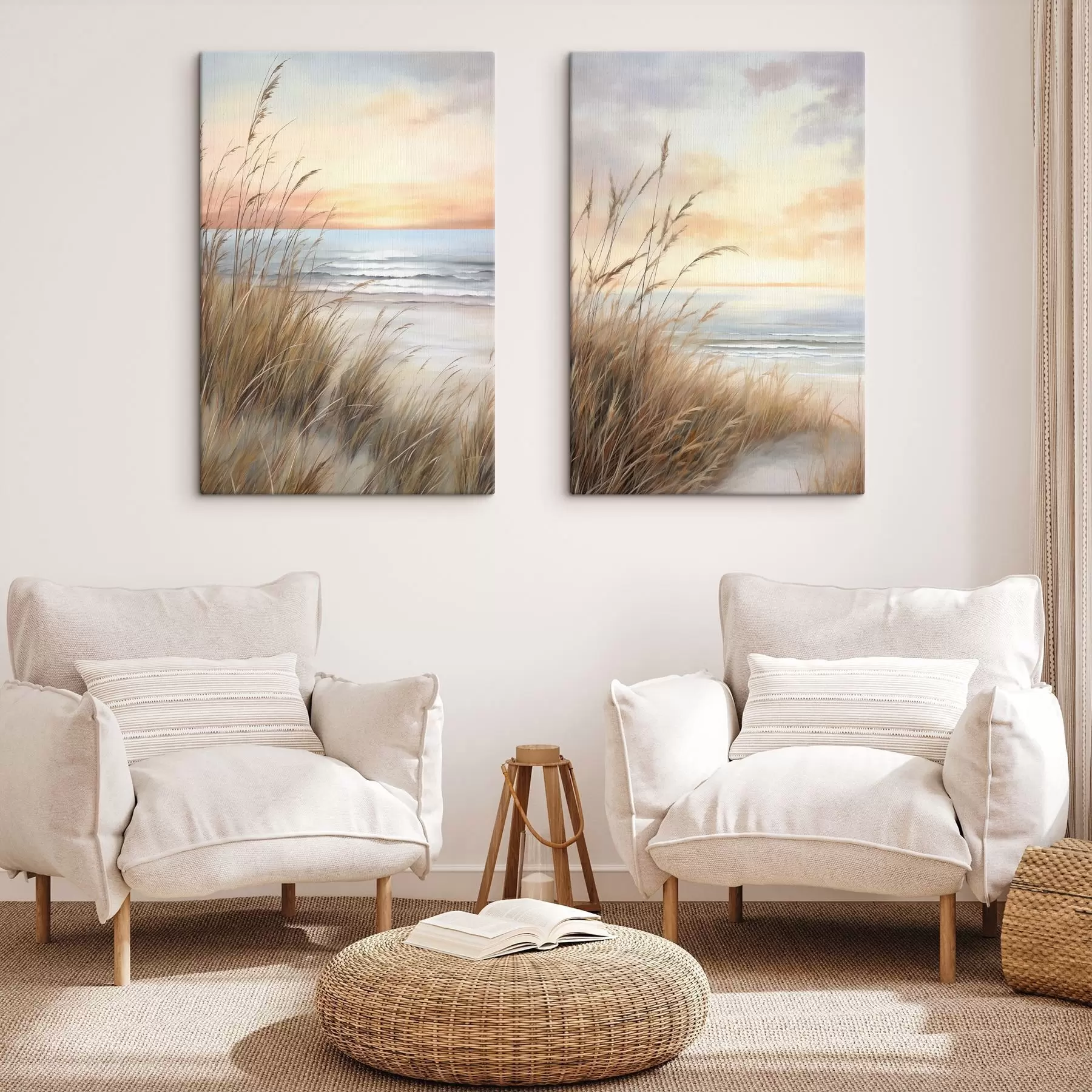carta da parati Erba alta e secca in primo piano, con una spiaggia e l'oceano; un tramonto dai colori tenui e pastello nr. m30838