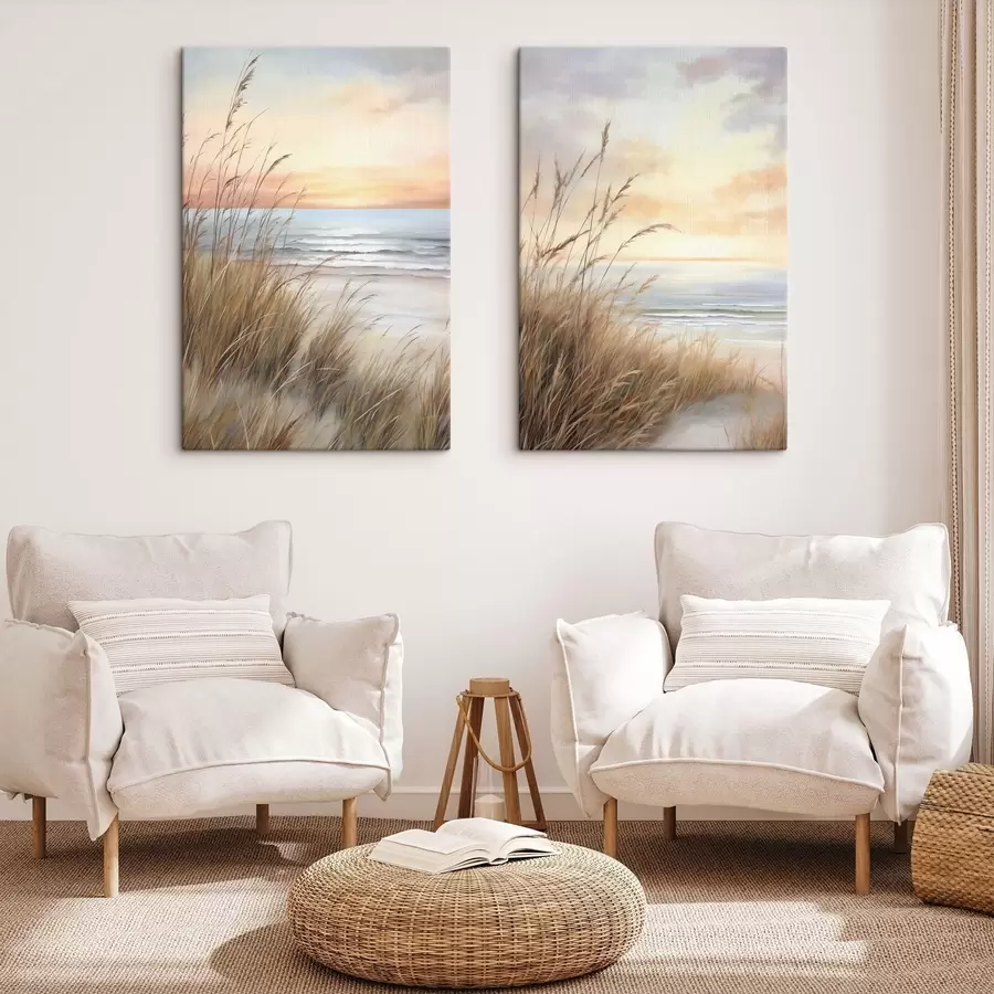 carta da parati Erba alta e secca in primo piano, con una spiaggia e l'oceano; un tramonto dai colori tenui e pastello nr. m30838