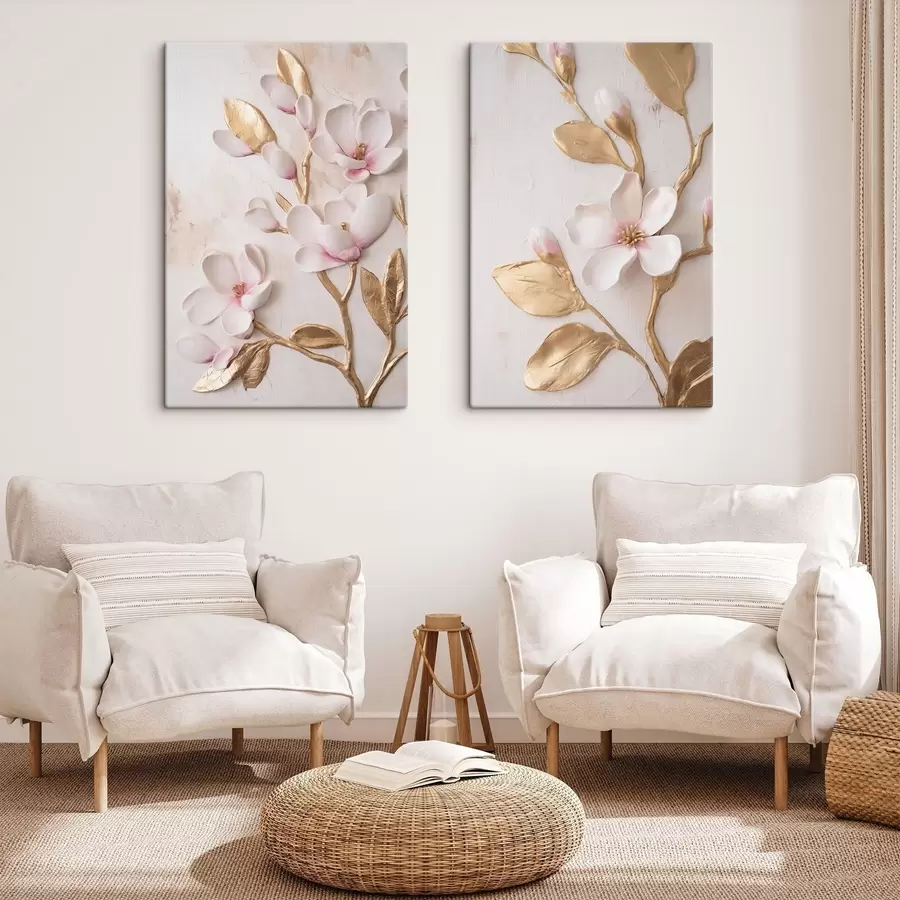 carta da parati Delicati fiori di magnolia rosa con texture e tocchi di giallo nr. m30848