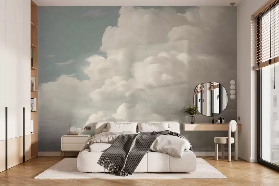 Carta da parati Cielo Una nebbiolina perlata con morbide nuvole color crema che fluttuano in un cielo sereno n. w05855