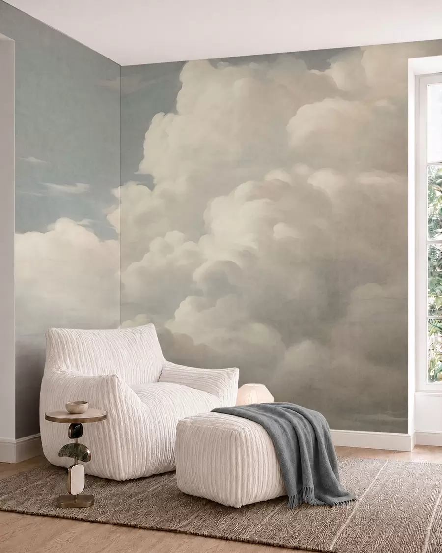 Carta da parati Cielo Una nebbiolina perlata con morbide nuvole color crema che fluttuano in un cielo sereno n. w05855