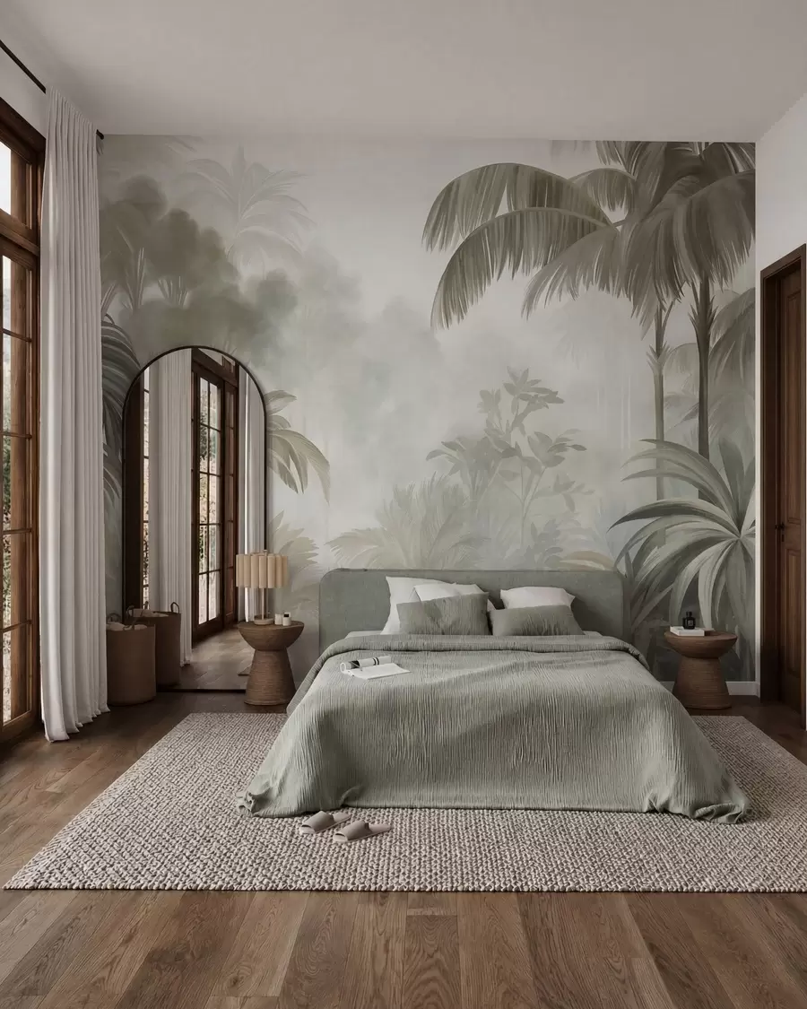 Carta da parati nature Paesaggio della giungla ricco di texture, con palme e vegetazione rigogliosa, realizzato in uno stile morbido e pittorico 