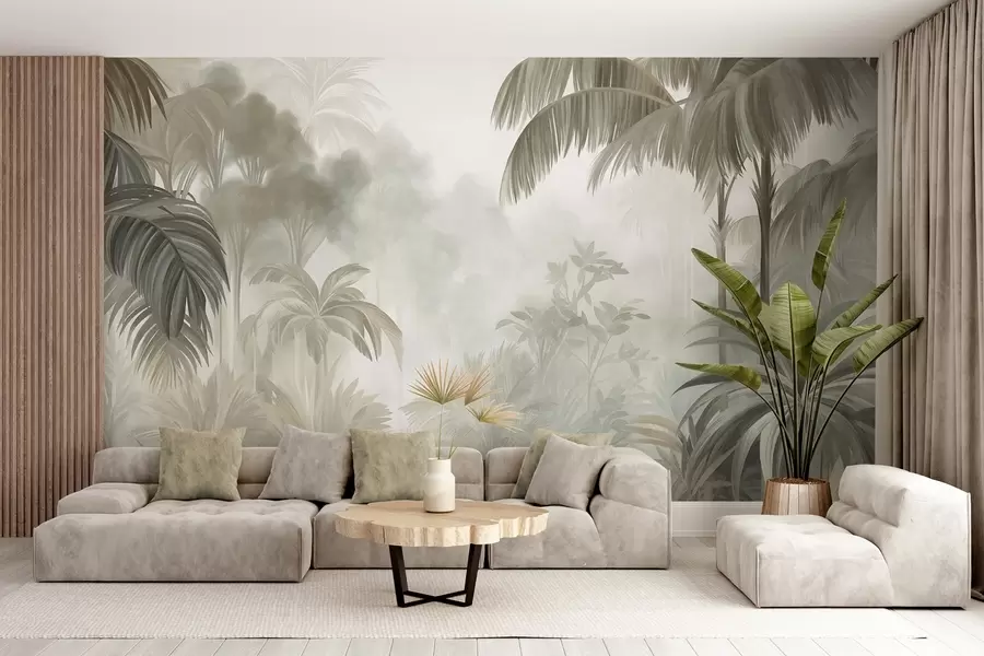 Carta da parati nature Paesaggio della giungla ricco di texture, con palme e vegetazione rigogliosa, realizzato in uno stile morbido e pittorico 