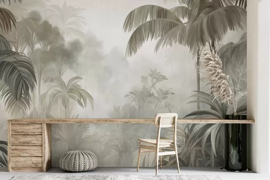 Carta da parati nature Paesaggio della giungla ricco di texture, con palme e vegetazione rigogliosa, realizzato in uno stile morbido e pittorico 