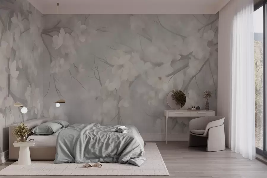 carta da parati Fiori di ciliegio bianchi su rami sottili, sfocati, su sfondo grigio chiaro, opera d’arte con texture nr. w10012