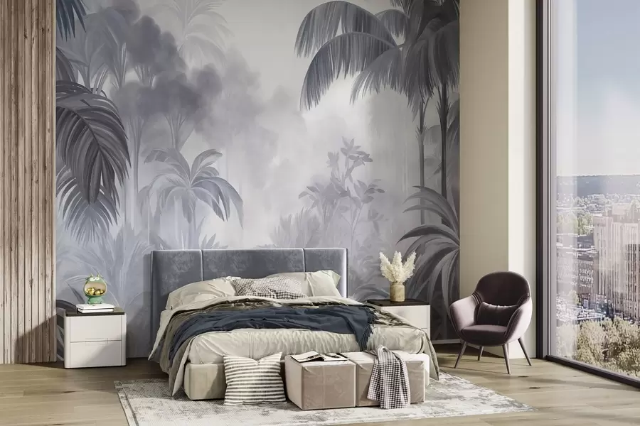 Carta da parati nature Paesaggio della giungla ricco di texture, con palme e vegetazione rigogliosa, realizzato in uno stile morbido e pittorico 