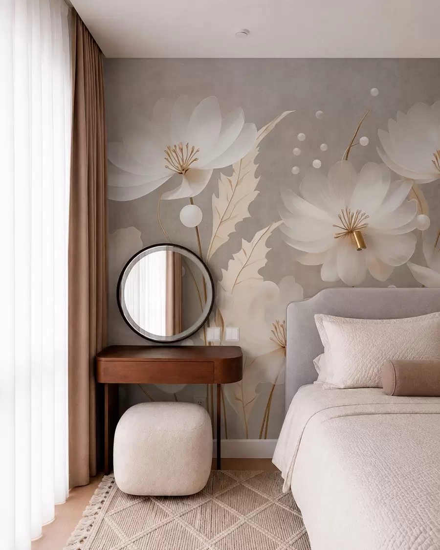 Carta da parati Floreale Grandi fiori bianchi con foglie decorative su uno sfondo grigio n. w05857