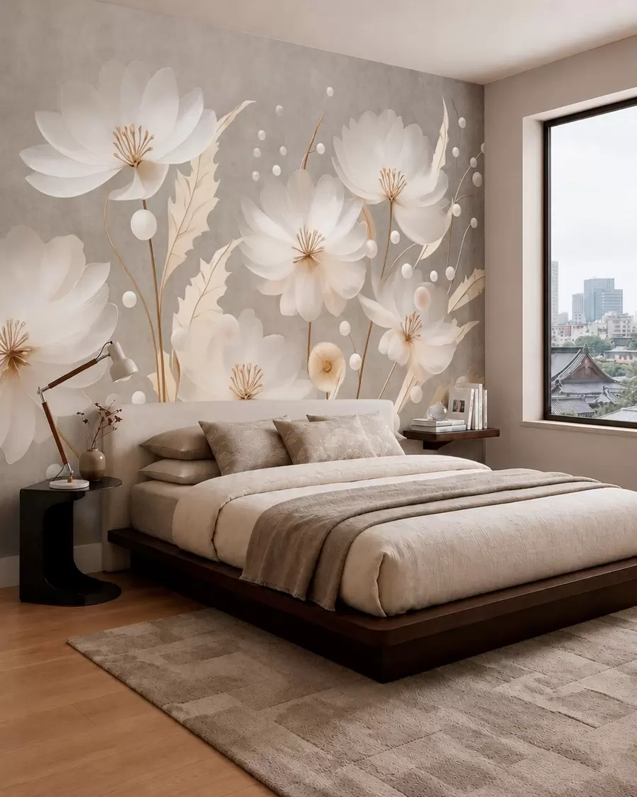 Carta da parati Floreale Grandi fiori bianchi con foglie decorative su uno sfondo grigio n. w05857