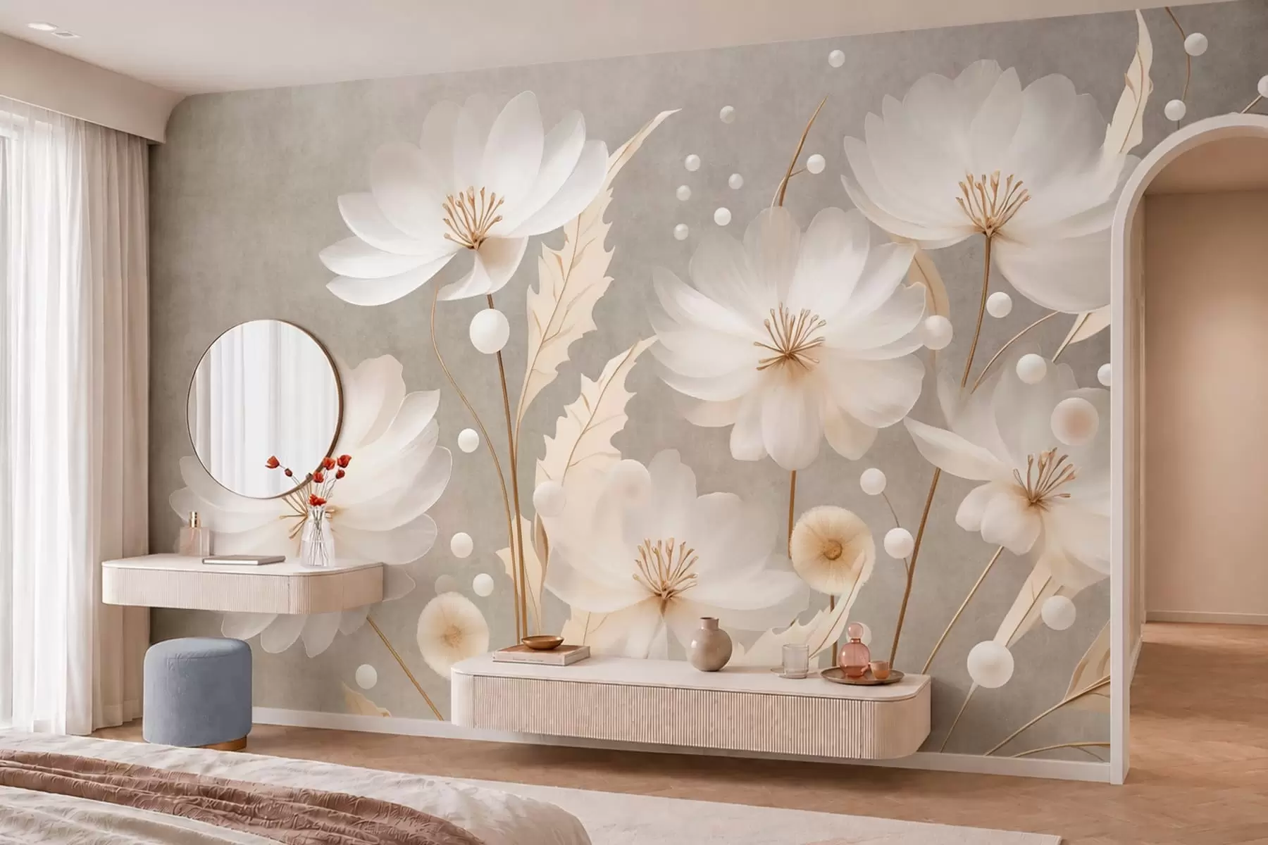 Carta da parati Floreale Grandi fiori bianchi con foglie decorative su uno sfondo grigio n. w05857