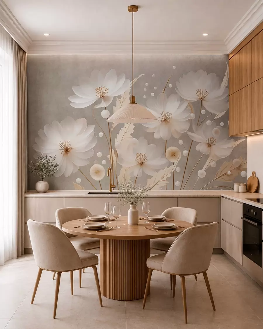 Carta da parati Floreale Grandi fiori bianchi con foglie decorative su uno sfondo grigio n. w05857