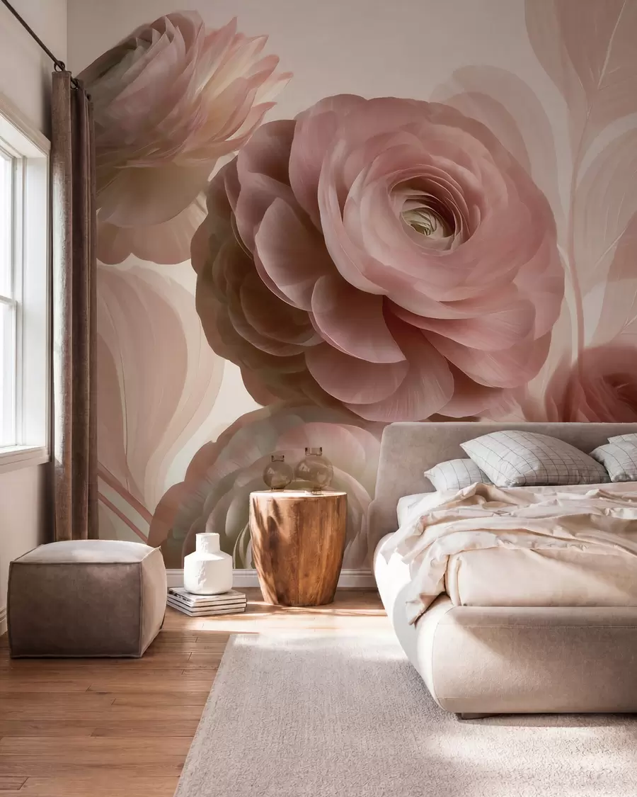 carta da parati Fiori di ranuncolo voluminosi, di colore rosa cipria, con petali traslucidi nei toni tenui del rosa e del beige nr. w09998