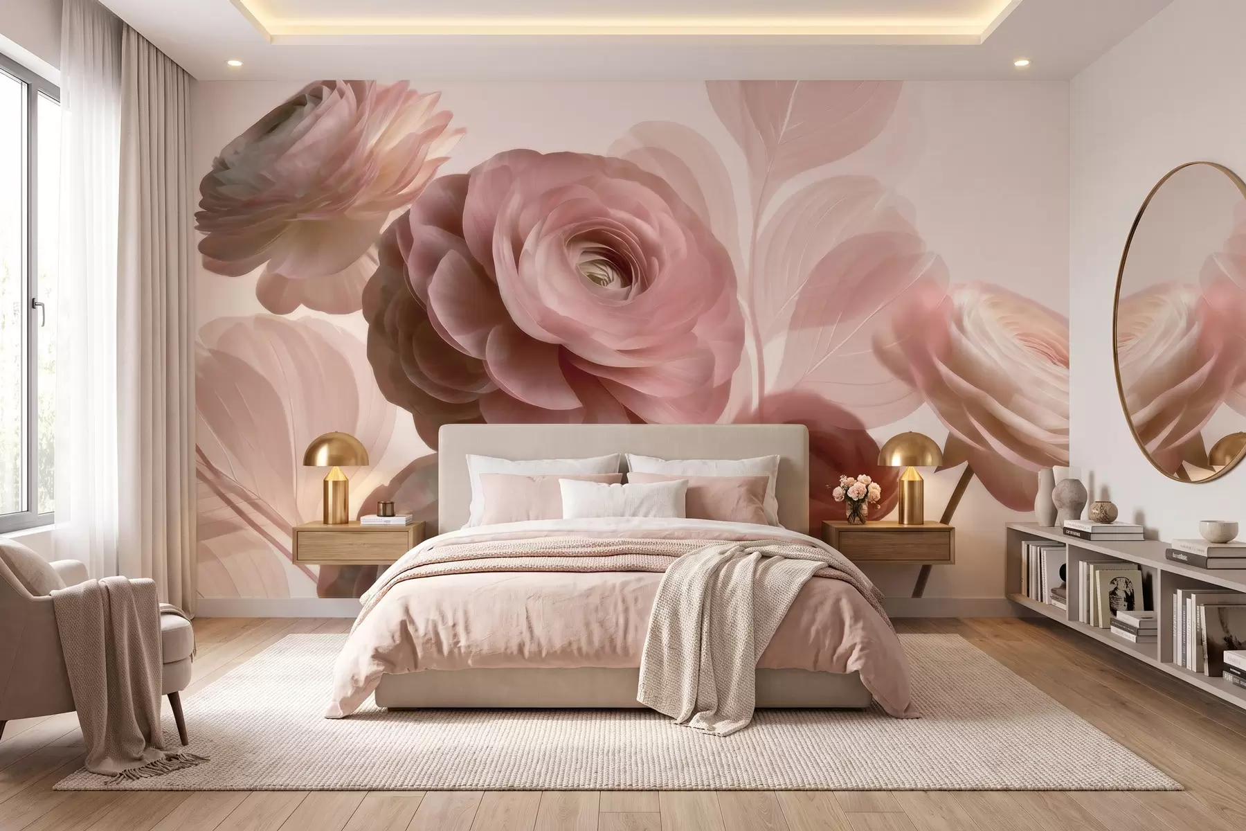 carta da parati Fiori di ranuncolo voluminosi, di colore rosa cipria, con petali traslucidi nei toni tenui del rosa e del beige nr. w09998