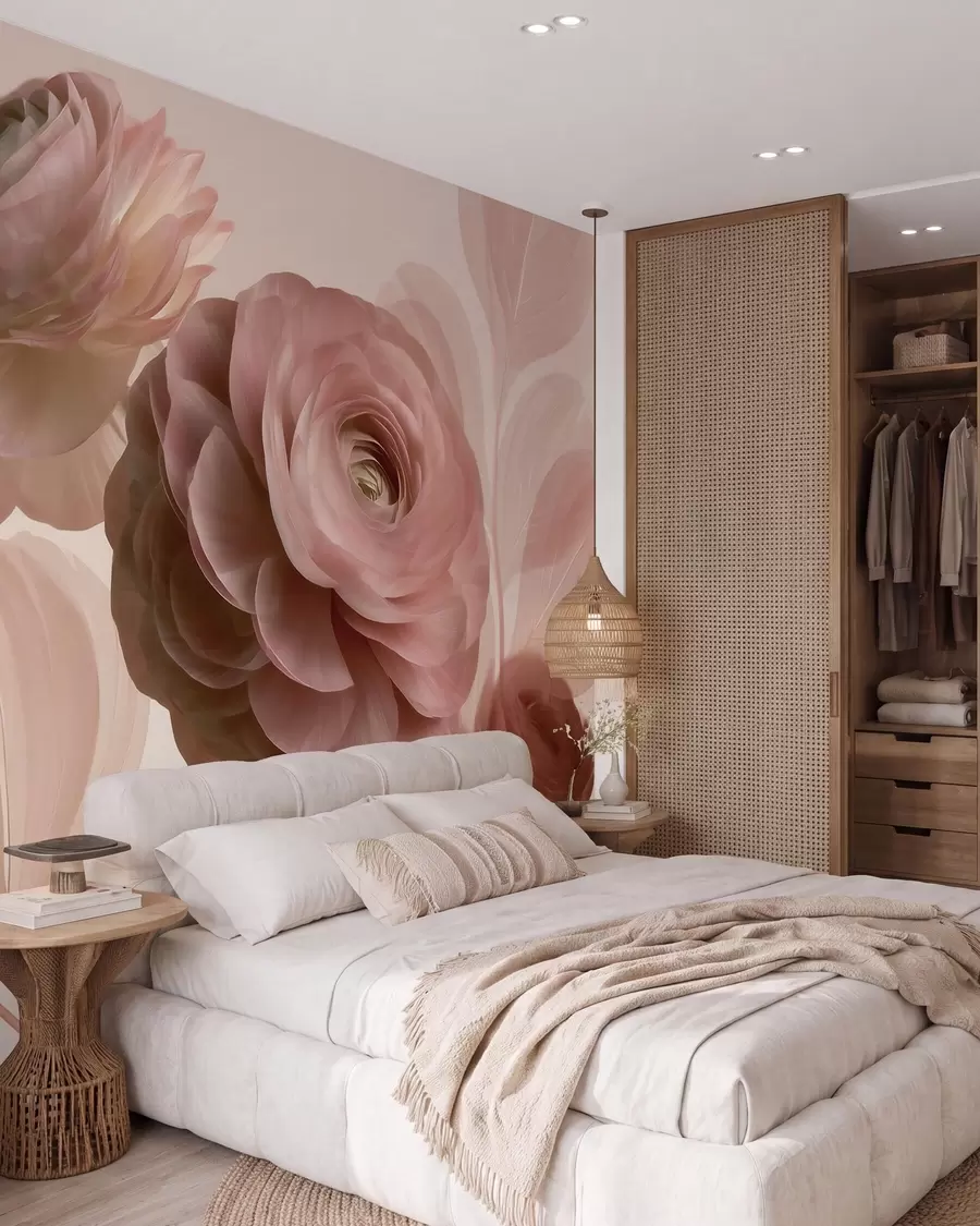 carta da parati Fiori di ranuncolo voluminosi, di colore rosa cipria, con petali traslucidi nei toni tenui del rosa e del beige nr. w09998