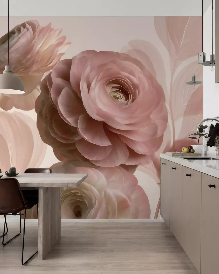 carta da parati Fiori di ranuncolo voluminosi, di colore rosa cipria, con petali traslucidi nei toni tenui del rosa e del beige nr. w09998