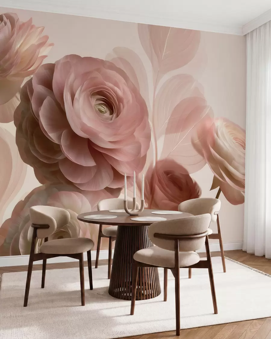 carta da parati Fiori di ranuncolo voluminosi, di colore rosa cipria, con petali traslucidi nei toni tenui del rosa e del beige nr. w09998