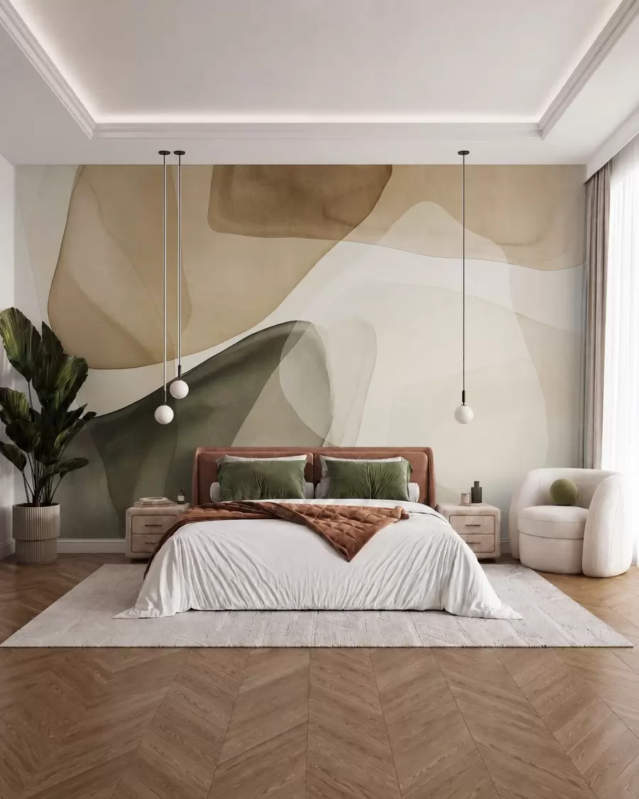 carta da parati Forme astratte in tonalità di beige e verde, con un effetto di strati traslucidi e materici nr. w10022