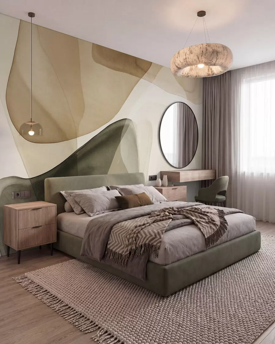 carta da parati Forme astratte in tonalità di beige e verde, con un effetto di strati traslucidi e materici nr. w10022