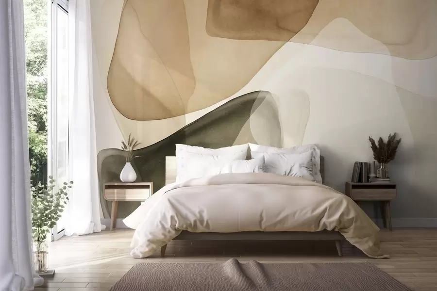 carta da parati Forme astratte in tonalità di beige e verde, con un effetto di strati traslucidi e materici nr. w10022