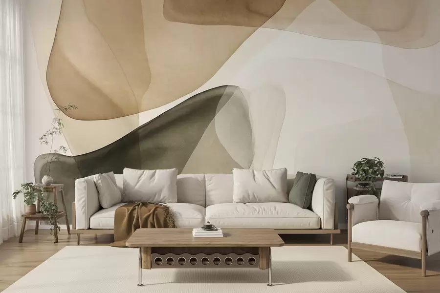 carta da parati Forme astratte in tonalità di beige e verde, con un effetto di strati traslucidi e materici nr. w10022