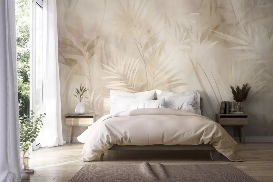 carta da parati Foglie di palma dai tenui toni del beige e del crema, su uno sfondo tenue, giungla tropicale nr. w10023