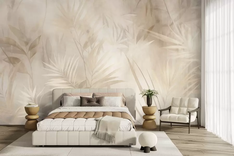 carta da parati Foglie di palma dai tenui toni del beige e del crema, su uno sfondo tenue, giungla tropicale nr. w10023