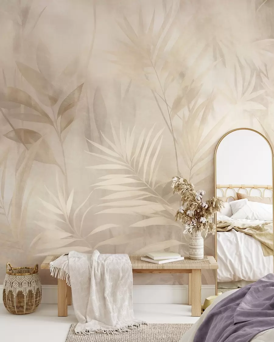 carta da parati Foglie di palma dai tenui toni del beige e del crema, su uno sfondo tenue, giungla tropicale nr. w10023
