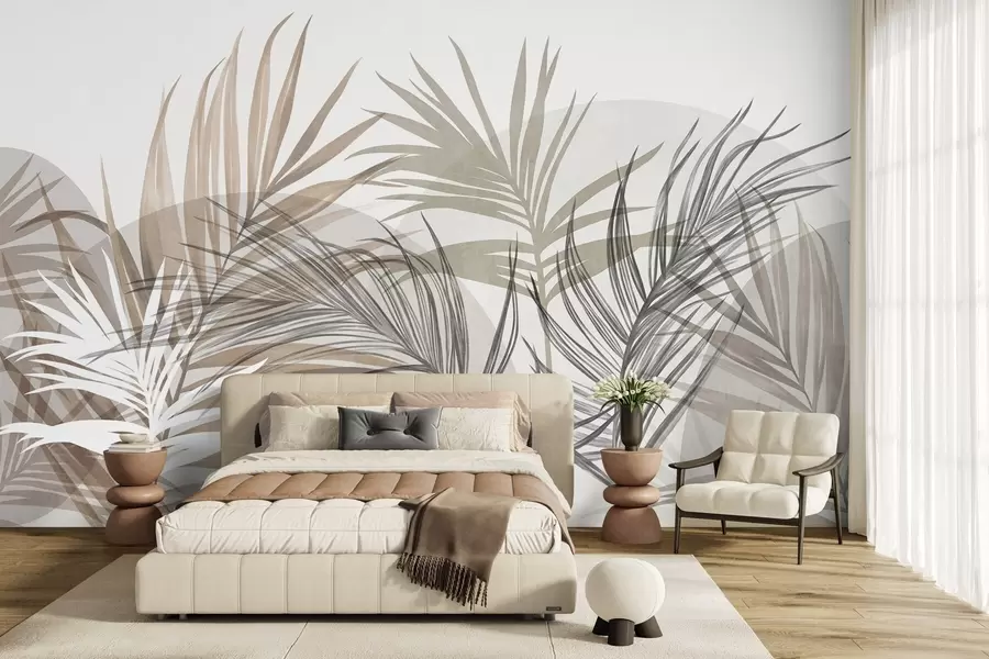 carta da parati Foglie di palma nei toni neutri del beige, del marrone e del grigio, con forme astratte nr. w10025