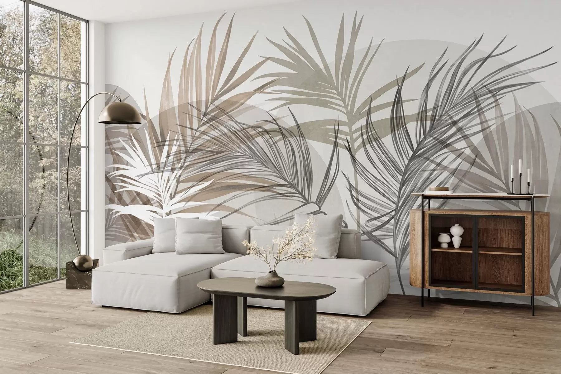 carta da parati Foglie di palma nei toni neutri del beige, del marrone e del grigio, con forme astratte nr. w10025