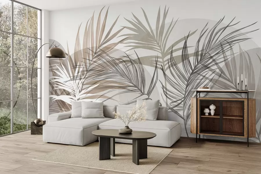 carta da parati Foglie di palma nei toni neutri del beige, del marrone e del grigio, con forme astratte nr. w10025