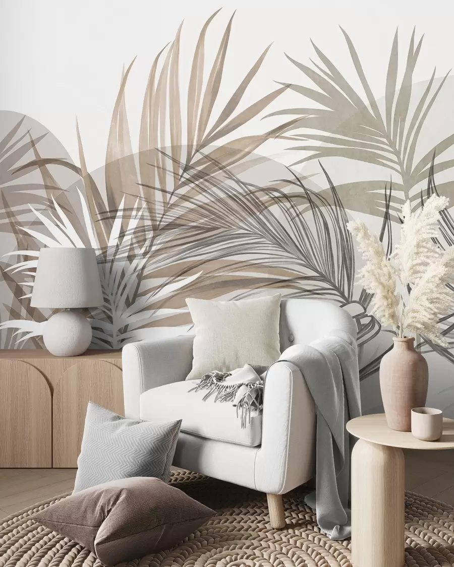 carta da parati Foglie di palma nei toni neutri del beige, del marrone e del grigio, con forme astratte nr. w10025