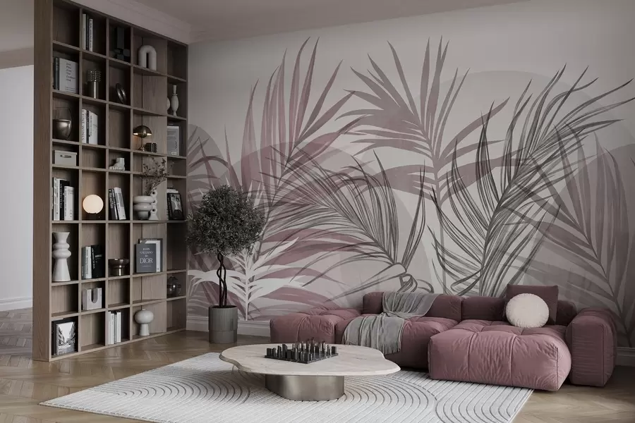 carta da parati Foglie di palma in tonalità neutre di rosa e grigio, con forme astratte nr. w10025v1