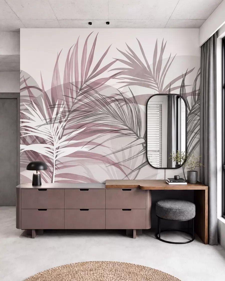 carta da parati Foglie di palma in tonalità neutre di rosa e grigio, con forme astratte nr. w10025v1