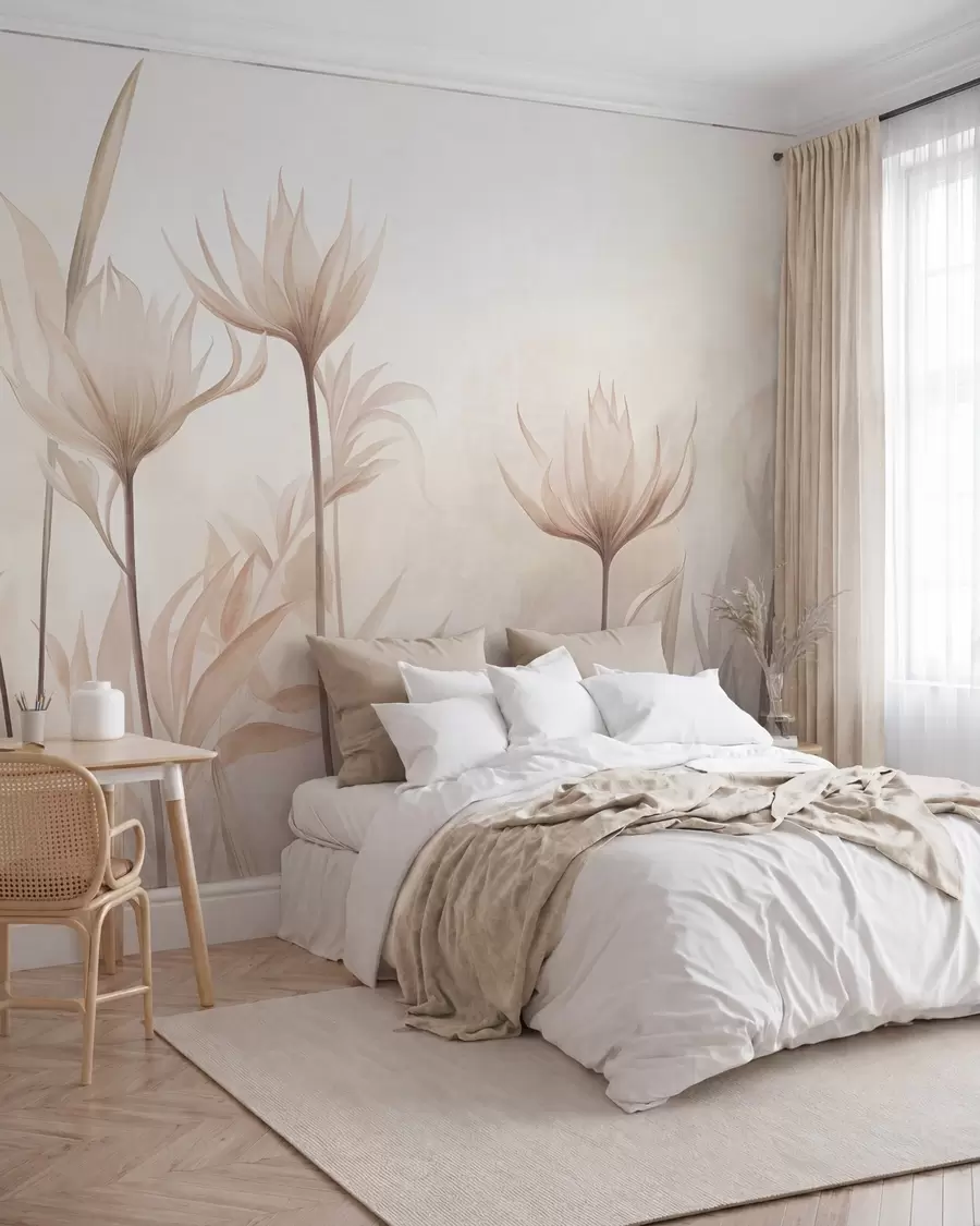 carta da parati Fiori traslucidi dalla trama particolare, in delicate tonalità di pesca e beige, con steli lunghi e fogliame nr. w10028