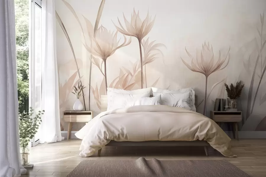 carta da parati Fiori traslucidi dalla trama particolare, in delicate tonalità di pesca e beige, con steli lunghi e fogliame nr. w10028