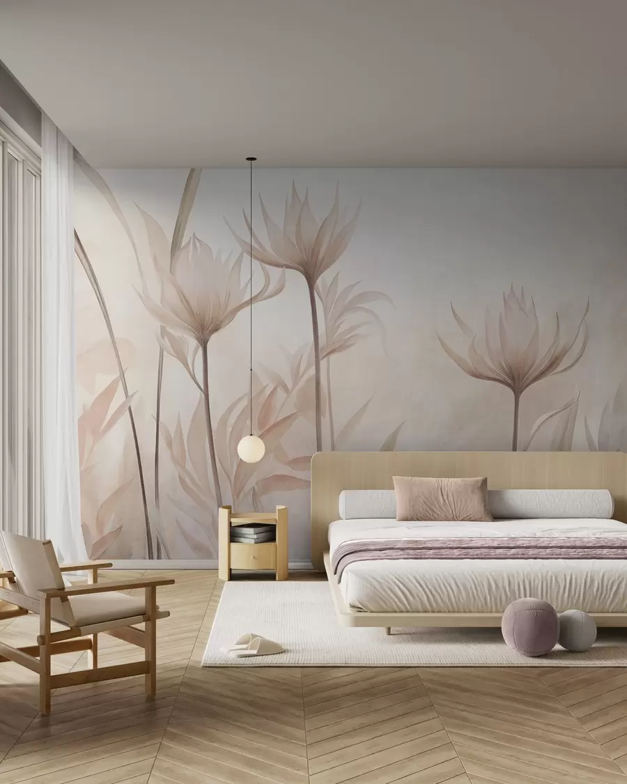 carta da parati Fiori traslucidi dalla trama particolare, in delicate tonalità di pesca e beige, con steli lunghi e fogliame nr. w10028