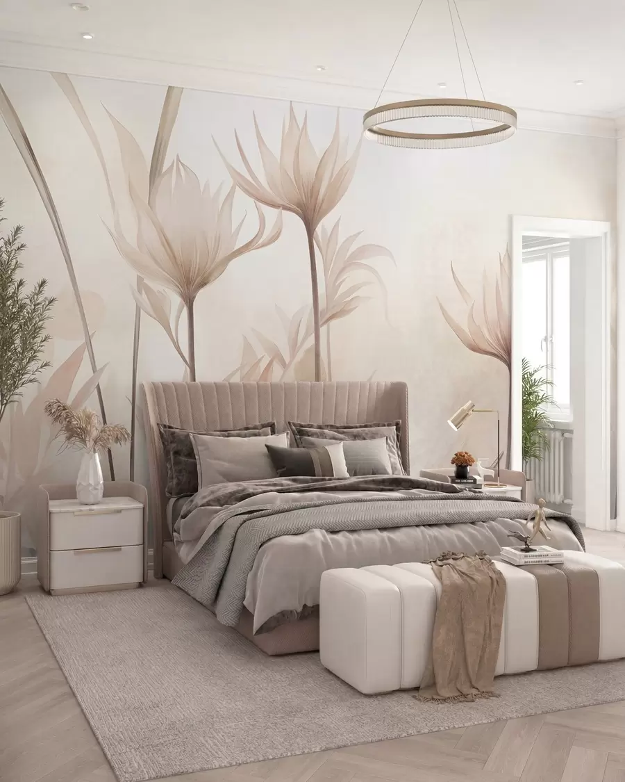 carta da parati Fiori traslucidi dalla trama particolare, in delicate tonalità di pesca e beige, con steli lunghi e fogliame nr. w10028