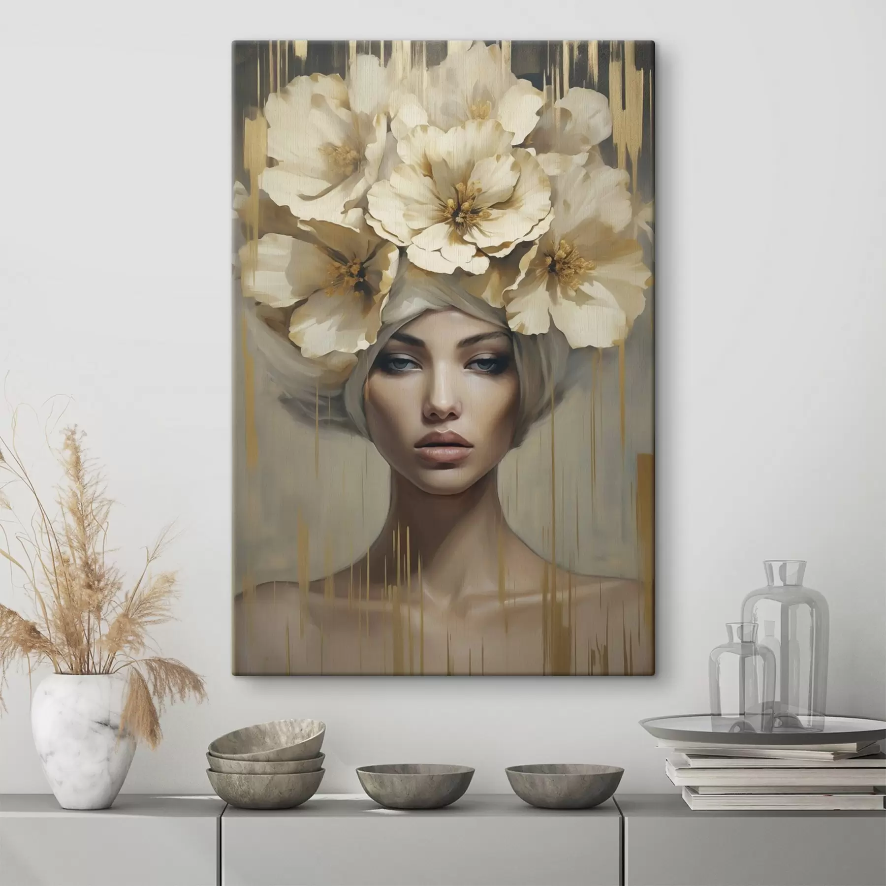 carta da parati Donna astratta con fiori tra i capelli, imitazione di un dipinto nr. s50381