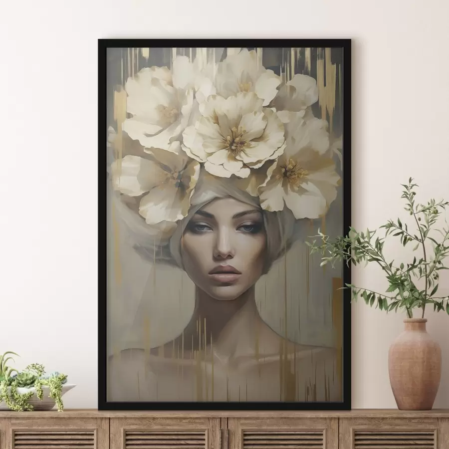 carta da parati Donna astratta con fiori tra i capelli, imitazione di un dipinto nr. f50381