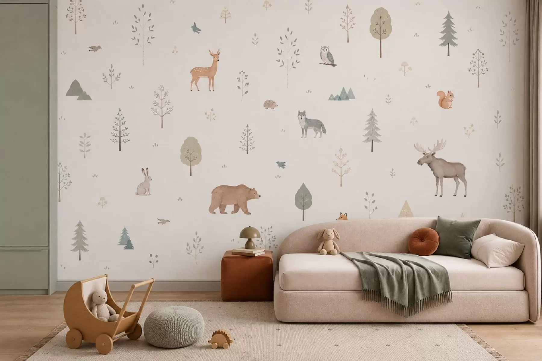 Carta da parati per Bambini Animali della foresta e alberi su uno sfondo chiaro 