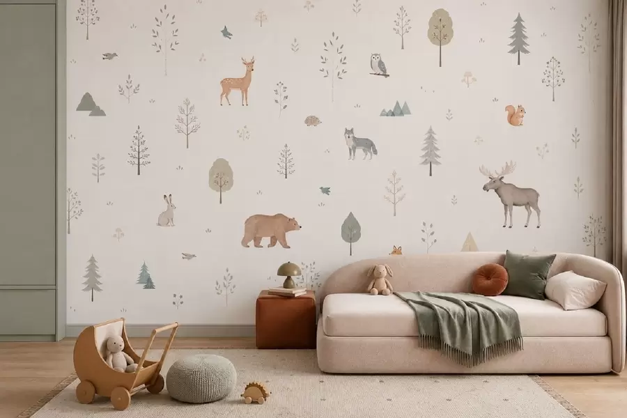 carta da parati Animali della foresta e alberi su uno sfondo chiaro nr. w05864