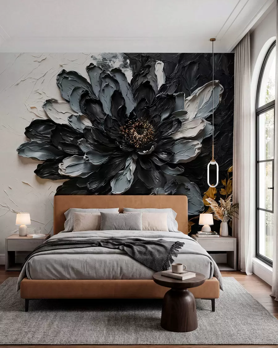 carta da parati Fiore nero e grigio con texture e rami decorativi nr. w05883