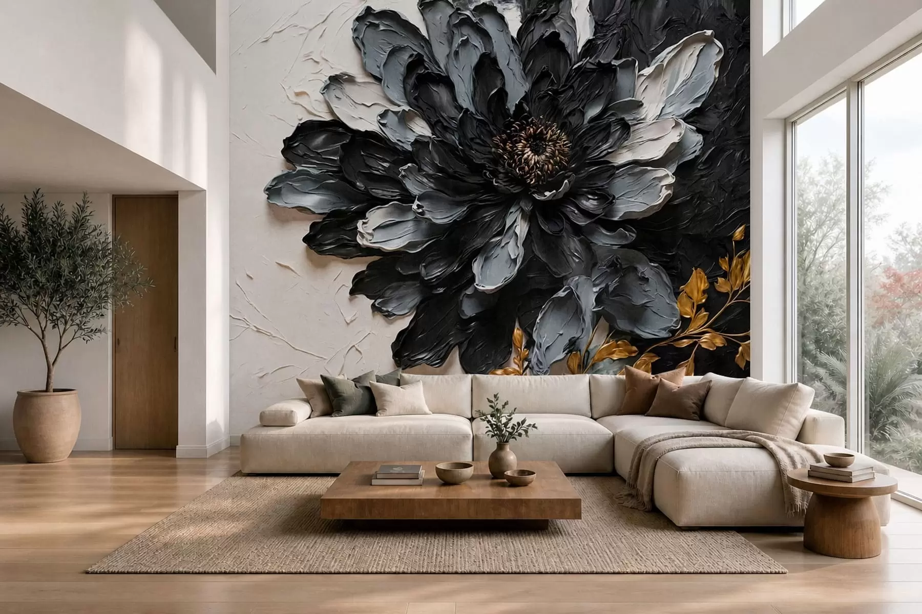 carta da parati Fiore nero e grigio con texture e rami decorativi nr. w05883
