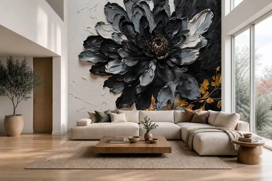 carta da parati Fiore nero e grigio con texture e rami decorativi nr. w05883