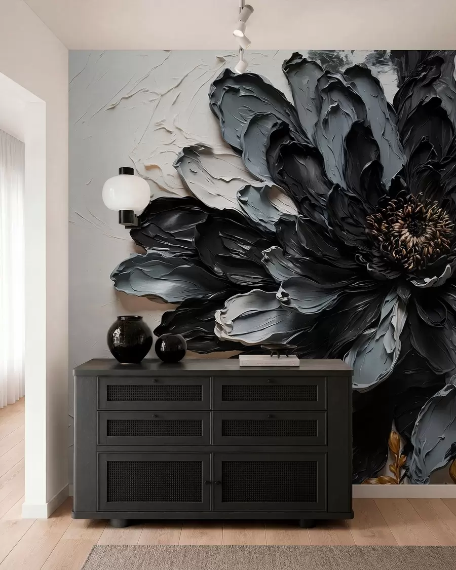 carta da parati Fiore nero e grigio con texture e rami decorativi nr. w05883