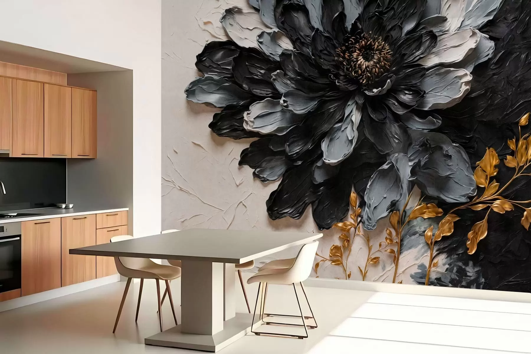 carta da parati Fiore nero e grigio con texture e rami decorativi nr. w05883