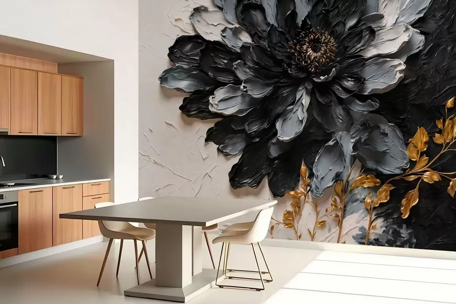 carta da parati Fiore nero e grigio con texture e rami decorativi nr. w05883